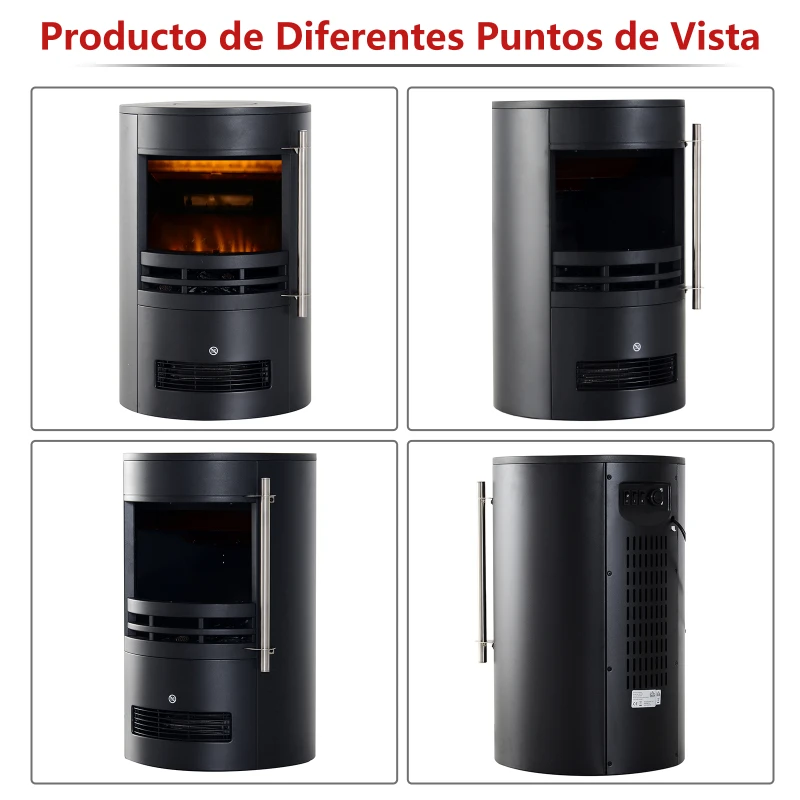 HOMCOM Chimenea Eléctrica Móvil Calefactor Estufa Eléctrica con Termostato 900W/1800W Efecto Fuego LED Temperatura Ajustable 41x41x64.5cm Acero