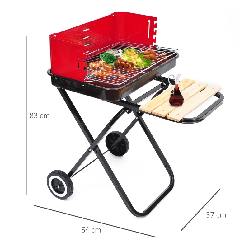 Outsunny Barbacoa de Carbón Plegable y Portátil con 2 Ruedas Parrilla con Altura Ajustable para Camping Picnic Playa 57x64x83 cm Rojo y Negro