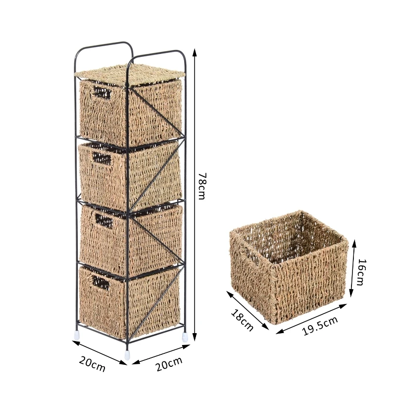 HOMCOM Estantería-Color Mimbre Natural y Negro Mimbre Metal 20x20x78cm