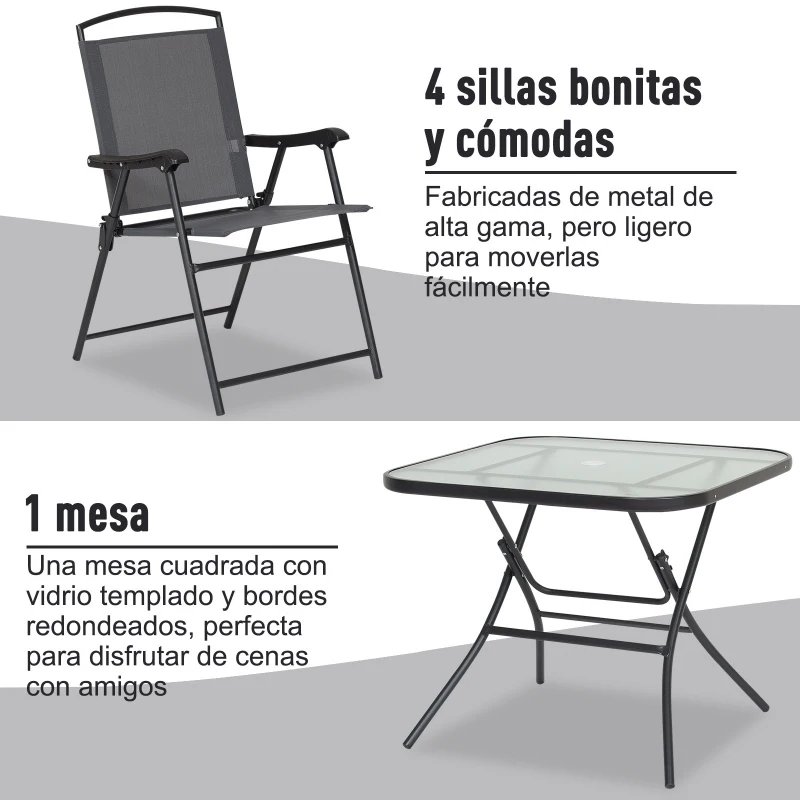 Outsunny Outdoor Juego de Comedor de Jardín de 5 Piezas Sillas y Mesas Plegables Muebles Exteriores para Terraza con Orificio para Sombrillas