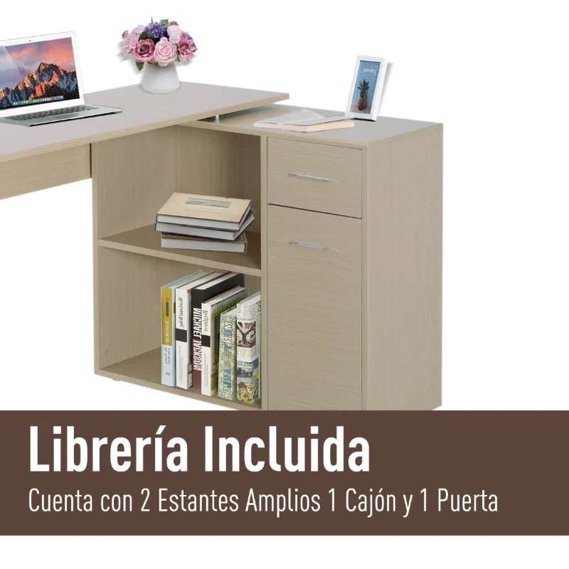 HOMCOM Escritorio de Ordenador PC Mesa Esquinera con Librería  Multi-Formas Giratorio 180°  Roble