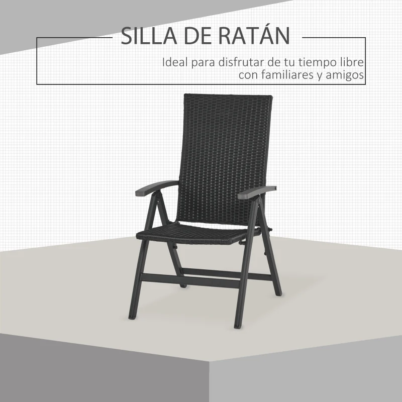 Outsunny Silla Plegable de Ratán con 5 Posiciones Silla Reclinable de Aluminio para Jardín Balcón Terraza Exterior Carga 160 kg 59x68x107 cm Negro
