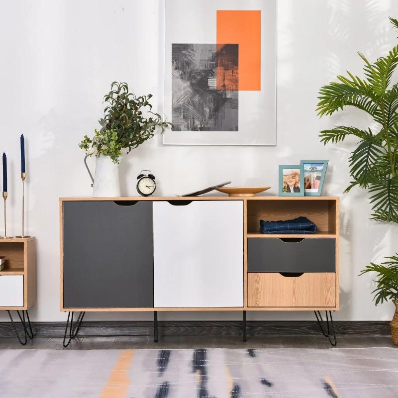 HOMCOM Aparador Auxiliar Gabinete Espacio Amplio para Almacenaje con 2 Cajones Estante Abierto Tablero de Partículas Natural 140x39,5x75cm