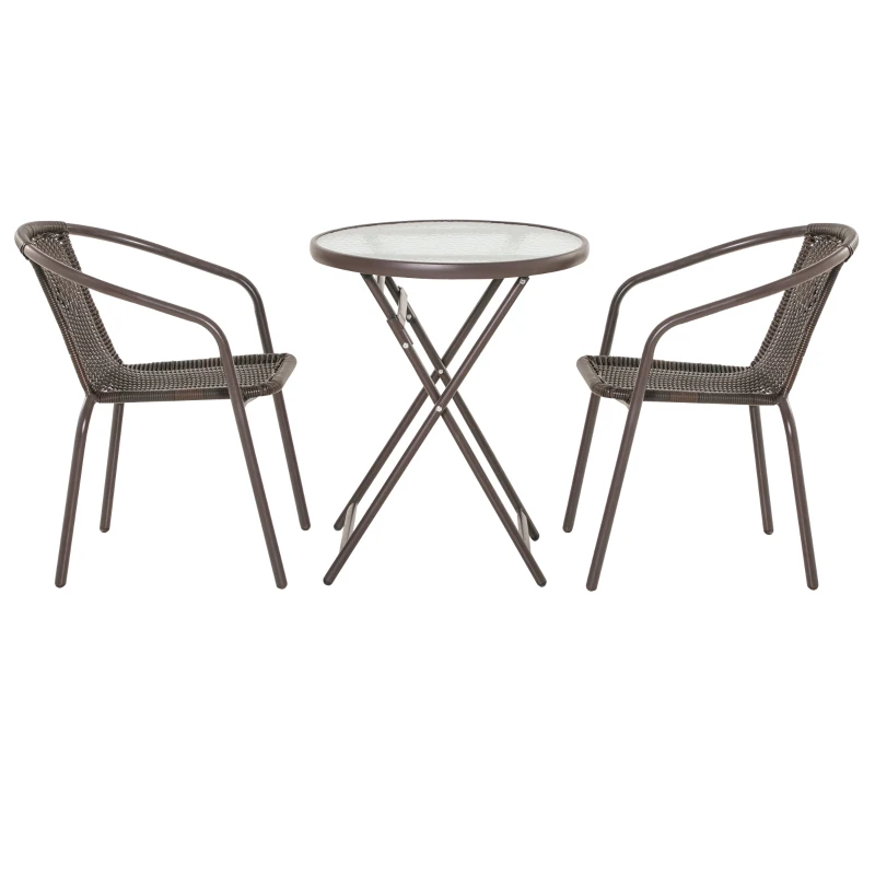 Outsunny Conjunto de Muebles de Jardín 3 Piezas Ratán Plegable Set de 2 Sillas 58x54x73 cm 1 Mesa Ø60x70 cm para Balcón Terraza Patio Marco Acero Marrón