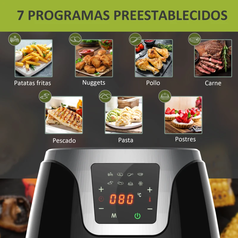 HOMCOM Freidora sin Aceite 3.5 L Freidora de Aire Inteligente 1500W con Pantalla LED Táctil 7 Programas Temporizador Temperatura Ajustable y Apagado Automático 34,4x28,1x30,6 cm Negro