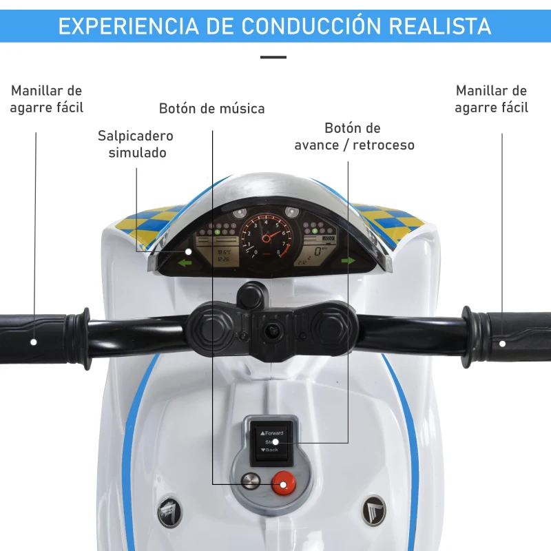 HOMCOM Moto Eléctrica para Niños de +18 Meses con Faros Música Batería 6V Recargable 3 Neumáticos Anchos Baúles de Almacenaje Moto de Juego 73x39x50 cm Azul