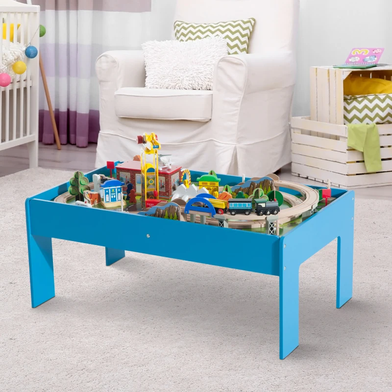 HOMCOM Set Completo de 82 Piezas Juego de Tren con Circuito de Vía + Mesa de Madera para Niños Juguete Educativo Infantil para Actividad Interior con Certificación EN71-1-2-3
