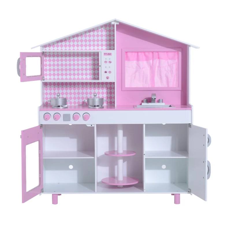 HOMCOM Cocina de Juguete Cocinita Infantil Madera Grande Juego de Imitación para Niños +3 Años con Accesorios Horno Microondas Fregadero 110x32.5x99.5cm Rosa