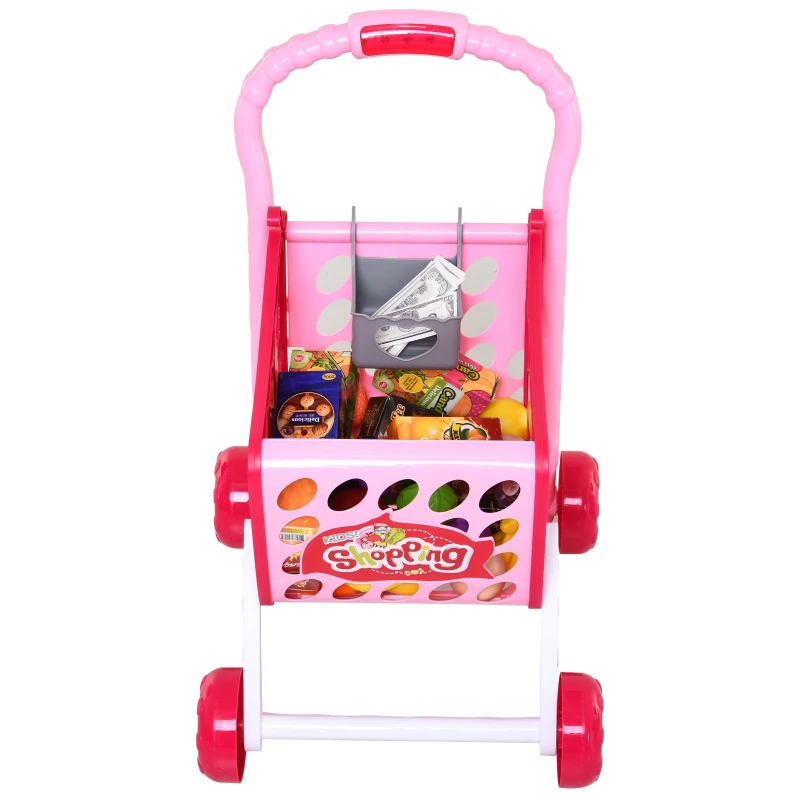 HOMCOM Set de Carrito de Compras para Niños Mayores de 3 Años Juguete Infantil 38 Piezas Funciones de Música y Luz 41,5x33,5x48,5 cm Rosa