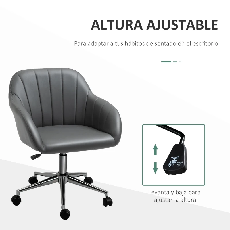 Vinsetto Silla de Oficina Ergonómica Silla de Escritorio Giratoria con Altura Ajustable Respaldo y Reposabrazos de Piel Sintética Carga 120 kg 60x59x79-89 cm Gris