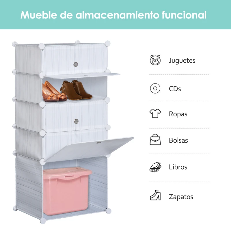 HOMCOM Armario Modular Plástico Estantería 5 Cubos Ropero Zapatero Aparador Combinado Ropero Zapatero Combinado Mueble Organizador Ropa Zapatos Accesorios Juguetes
