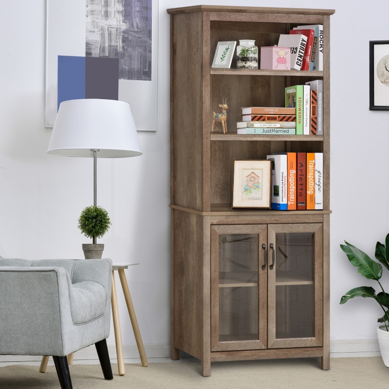 HOMCOM Armario de Almacenaje con Puertas Vidrio Estante Abierto de 3 Niveles Estantes Ajustable 76x40x180 cm Grano de Madera