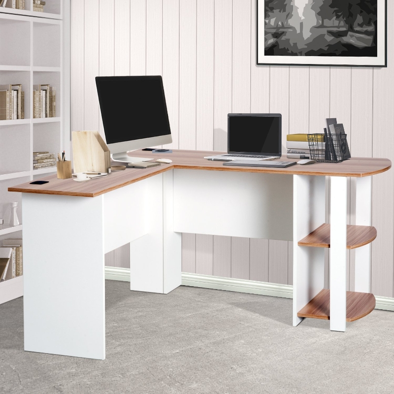 HOMCOM Mesa de Ordenador PC Escritorio para Hogar Tipo Esquinera Forma L con Estantes Madera 136,2x130,4x72cm Nogal y Blanco