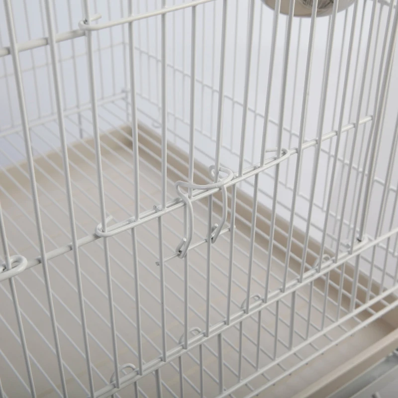 PawHut Jaula de Pájaros con Ruedas Jaula de Aves Exterior con Bandeja Extraíble Rejilla 2 Cuencos de Acero Inoxidable Estante y Percha para Periquitos 54x54x153 cm Blanco