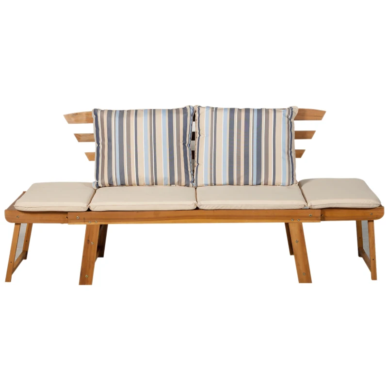 Outsunny Tumbona de Jardín con Cojín Banco para Jardín Convertible en Cama Sofá Madera de Acacia Diván para Exterior Patio Terraza 153x62x85.5cm