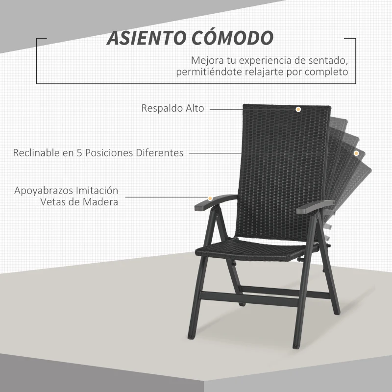 Outsunny Silla Plegable de Ratán con 5 Posiciones Silla Reclinable de Aluminio para Jardín Balcón Terraza Exterior Carga 160 kg 59x68x107 cm Negro