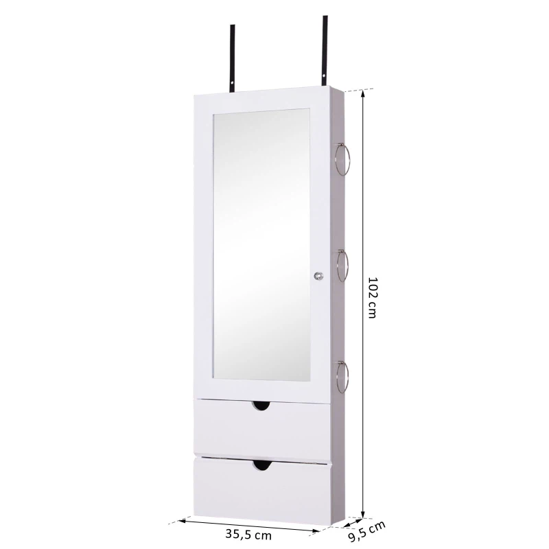 HOMCOM Espejo Joyero Colgante de Pared o Puerta Armario de Joyería con Altura Ajustable 2 Estantes Cerrados con Puertas Abatibles y Organizador de Joyas 35,5x9,5x102 cm Blanco