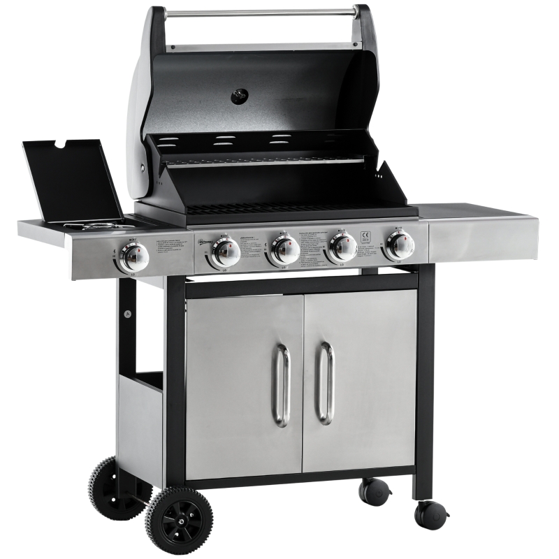 Outsunny Barbacoa de Gas con Ruedas Parrilla con 4+1 Quemadores 3 KW y Mesa Lateral Armario de Almacenaje Acero Inoxidable BBQ 128x50x113 cm Negro Plateado