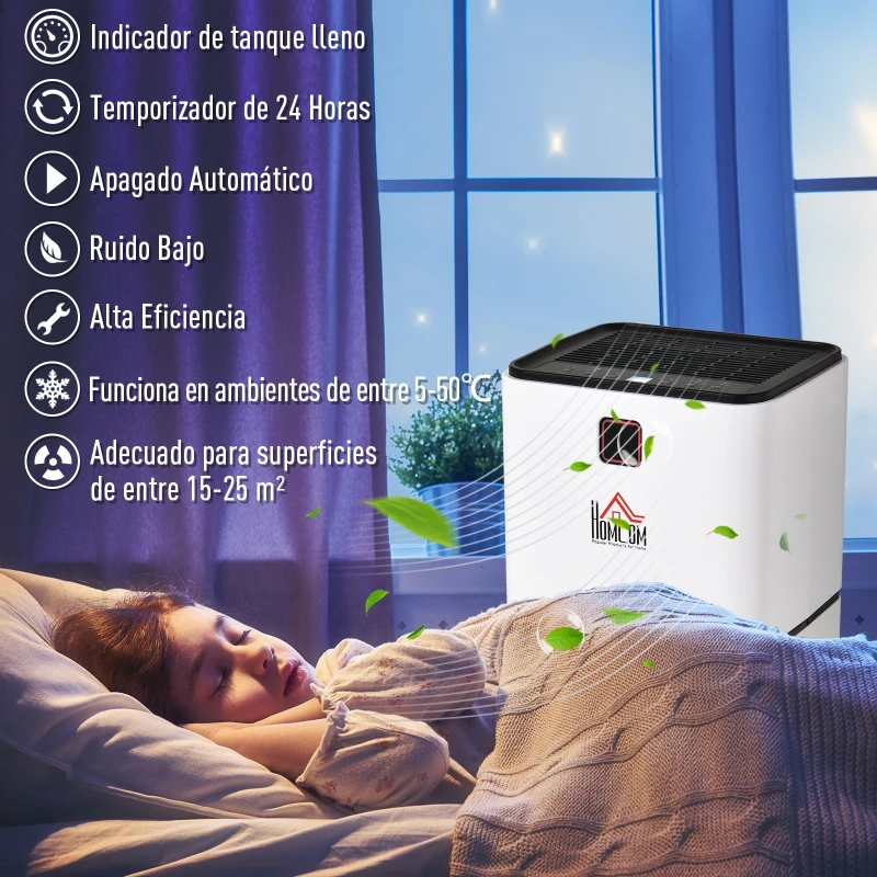 Deshumidificador Eléctrico para Habitación Portátil con Tanque de 2000 ml Temporizador Ruido Bajo Apagado Automático 178W 15-25 m² Blanco