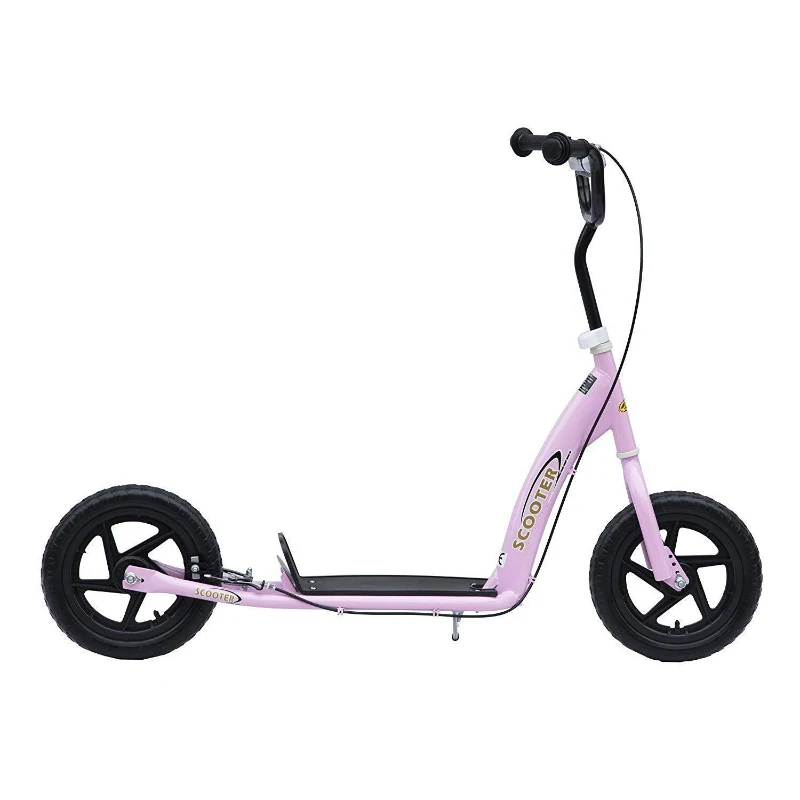 HOMCOM Patinete Scooter 2 Ruedas 12 Pulgadas Monopatín para Niños y Adultos Manillar Ajustable con Freno y Caballete Carga 100kg 120x52x75-86cm Acero Rosa
