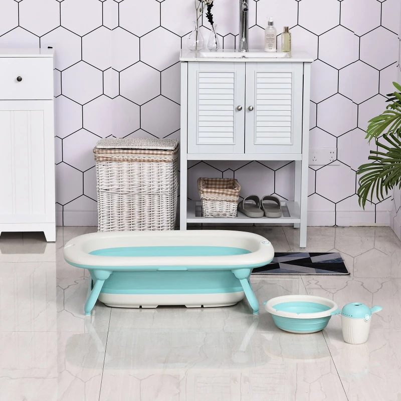 HOMCOM Bañera para Bebé Plegable 3 en 1 Juego de Ducha para 0-3 Años Portátil Bañera Lavabo Taza de Champú Ergonómico con Base Antideslizante 84,5x50,5x24 cm Turquesa