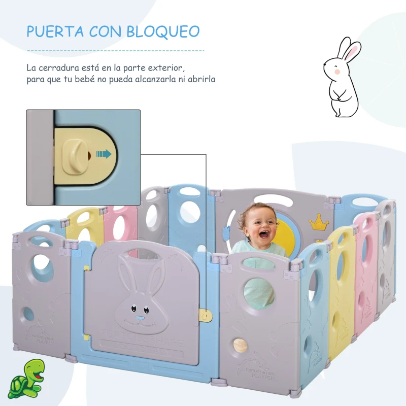 HOMCOM Parque Infantil Bebé de 14 Paneles Corralito Plegable con Puerta y juegos para Niños de +6 Meses Interior y Exterior 156x154x59 cm Multicolor