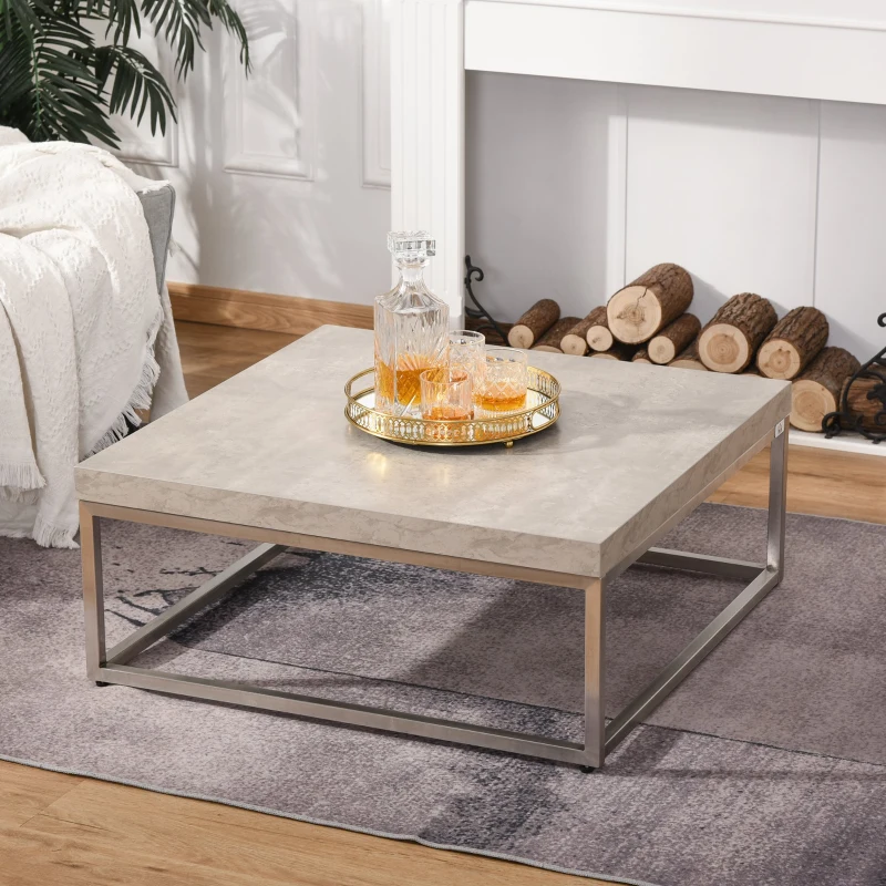 HOMCOM Mesa de Centro Cuadrada Mesa Auxiliar Multifuncional con Marco de Acero Inoxidable Estilo Moderno para Salón Sofá 80x80x34 cm Gris Cemento