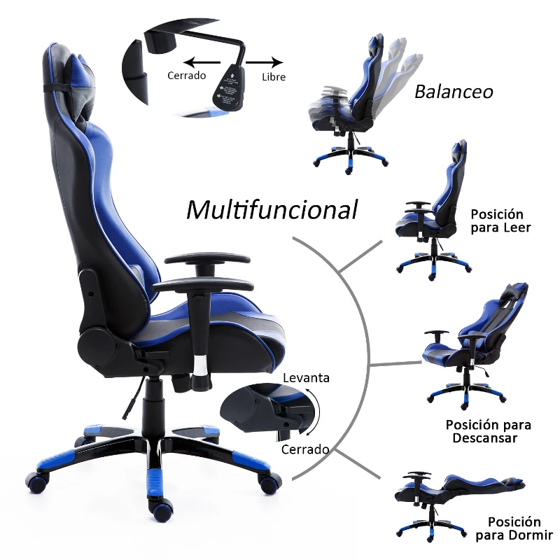 HOMCOM Silla de Oficina Silla Ergonómico Reclinable y Basculante Altura Ajustable Giratorio con Ruedas Reposacabezas y Soporte Lumbar Carga 120 kg 67x67x123-132 cm Azul