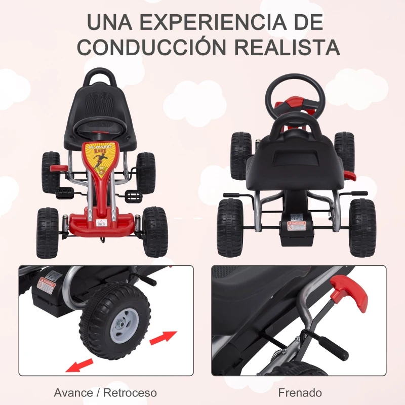 HOMCOM Go Kart a Pedales para Niños desde 3 Años Carga Máx. 30kg Coche de Pedales con Freno de Mano y Cadena 89x52x51 cm Rojo y Negro