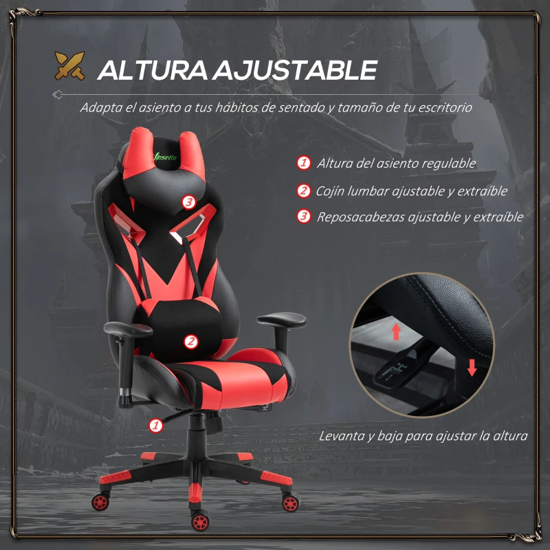 Vinsetto Silla Gaming Ergonómica Silla de Escritorio de Oficina Giratoria con Altura Ajustable Reclinable de 135° Reposabrazos Regulable Reposacabezas y Lumbar Extraíbles 70x71x125-133 cm Rojo
