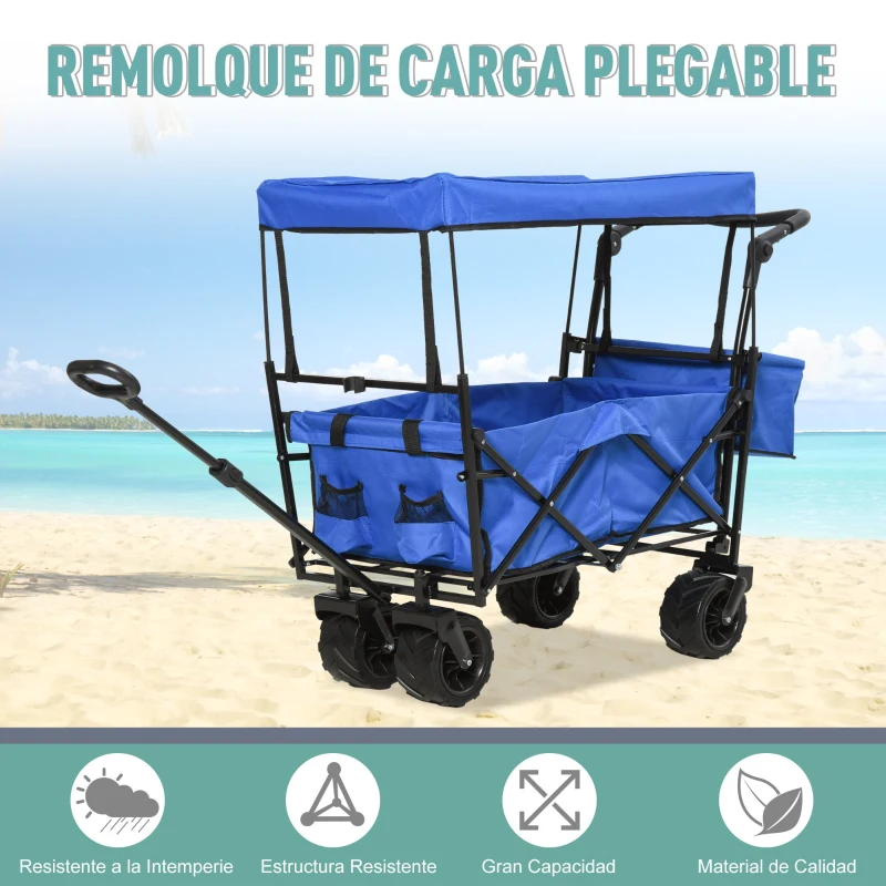 Carro Transporte Plegable de Playa Jardín Champing Viaje con Toldo y Manillar Cuatro Ruedas Regulable en Altura de 110x56x101cm Color Azul Carga Max 100kg