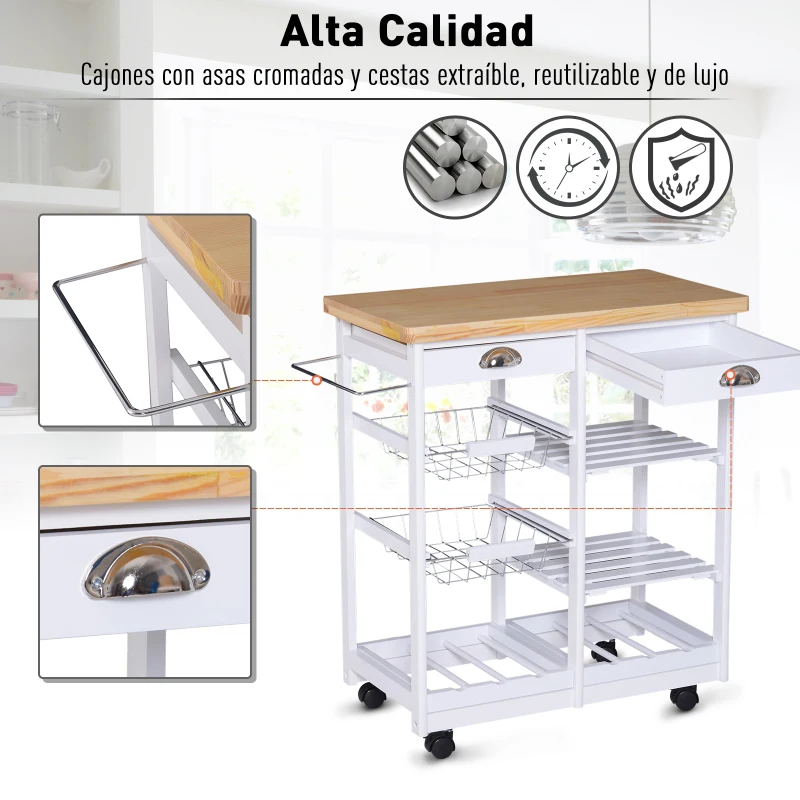 HOMCOM Carrito Auxiliar con Ruedas Carrito Verdulero Carro de Cocina con 2 Cajones 2 Cestas y 2 Estantes 74x37x76 cm Blanco