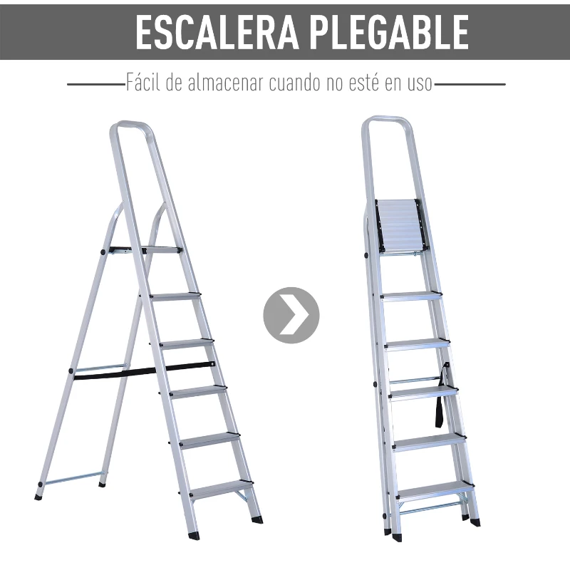 HOMCOM Escalera de Aluminio Tijera Plegable 4/5/6 Peldaños 150kg Plegable Plateado NUE (6 Peldaños)