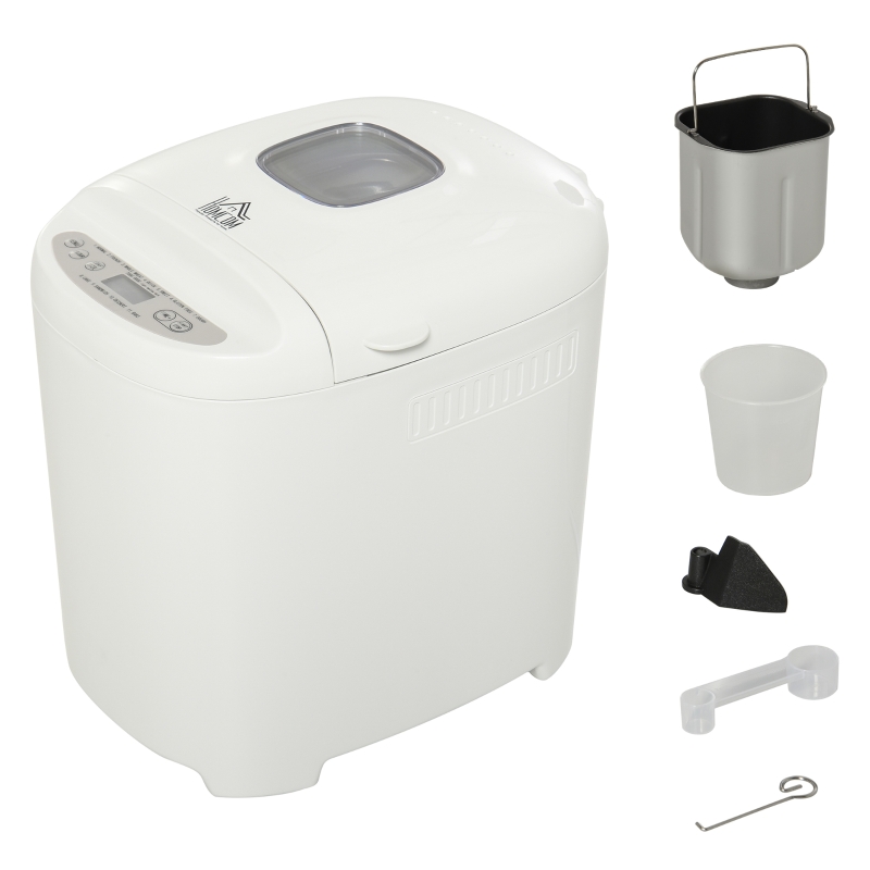 HOMCOM Panificadora Automática con 11 Programas para Pan y Dulces con Pantalla LCD Temporizador Programable Inicio 13 Horas Acero Inoxidable 29,6x23,3x29,2 cm Blanco