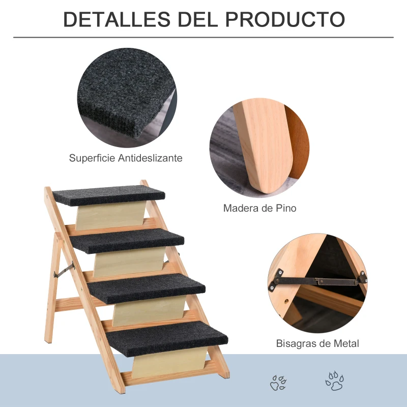 PawHut Escalera de Madera para Perros Plegable 2 en 1 Rampa para Mascotas Portátil con 4 Escalones para Acceso al Sofá y Cama Alta 80x47x64 cm Negro y Natural