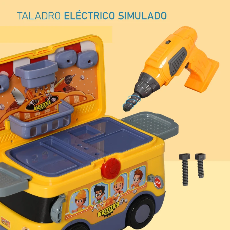HOMCOM Maletín de Herramientas de Autobús para Niños de +3 Años Juego de Trabajo Diseño 3 en 1 con Control Remoto Efectos de Luz 40,2x22,8x28,8 cm