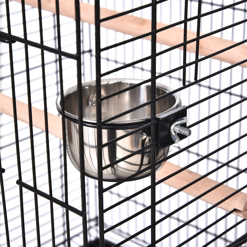 PawHut Jaula para Pájaros con Soporte y Ruedas Jaula Grande de Metal con Bandeja Extraíble 4 Puertas y 2 Comederos para Loros Guacamayos 53x53x153 cm Negro