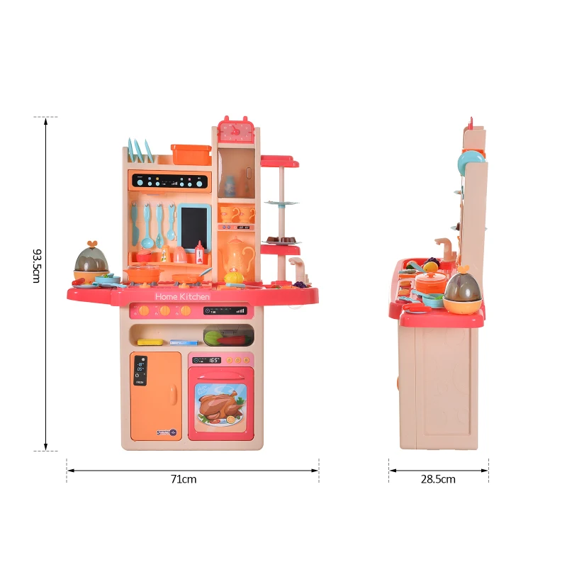 HOMCOM Cocinita para Niños con Luces Música Absoluta Funciones de Agua Cocina de Juguete Infantil 65 Piezas Alimentos Cubiertos +3 Años 71x28,5x93,5 cm Rosa