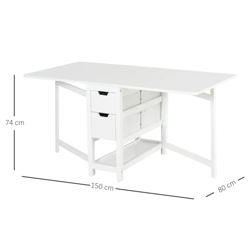HOMCOM Mesa de Comedor Plegable Mesa Extensible con 2 Alas Laterales 2 Cajones y 1 Estante Almacenaje para Cocina Carga Total 50 kg 150x80x74 cm Blanco