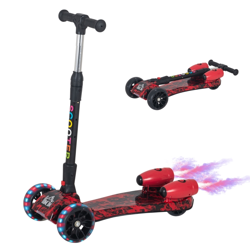 HOMCOM Patinete para Niños Scooter Plegable con Altura Ajustable de 4 Niveles y Música Luces y Nebulizador de agua +3 Años 61x26x63-81 cm Rojo