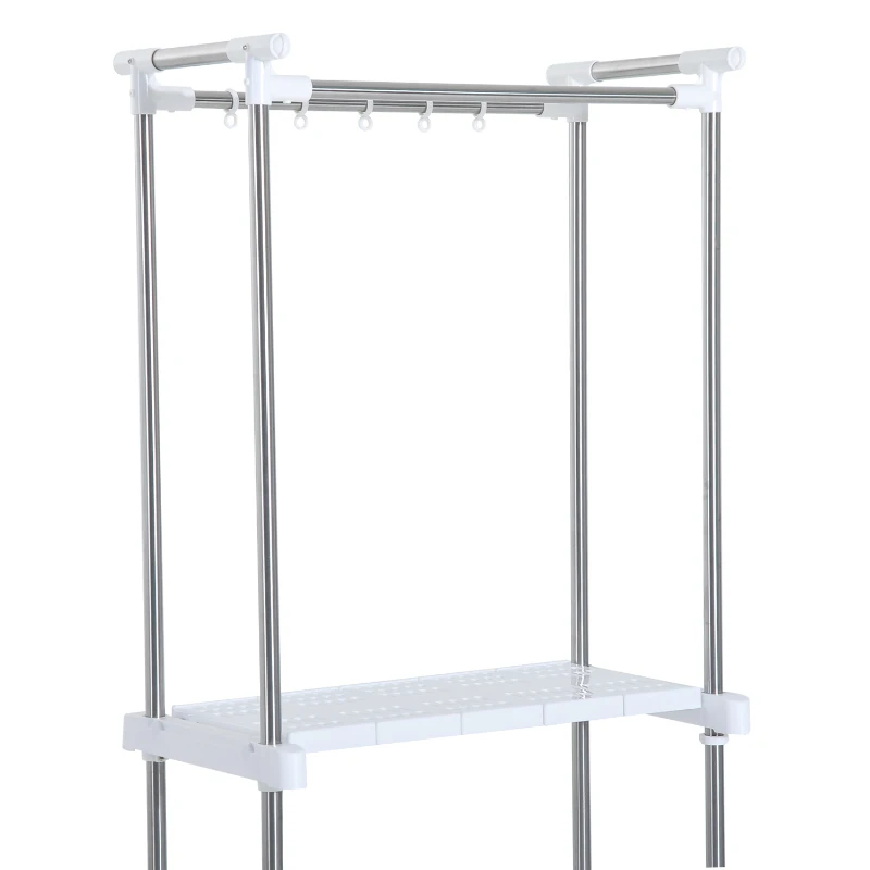 HOMCOM Estantería para Lavadora con Ganchos Ruedas y Estante tipo Mueble de Baño 71x42.5x178cm Color Blanco y Acero Inox.