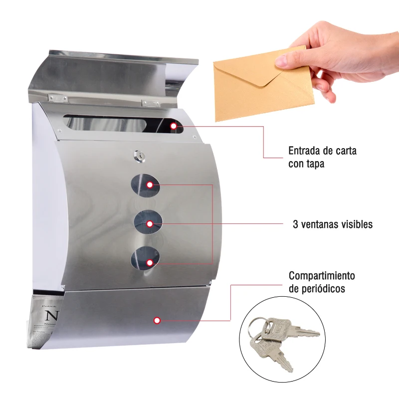 HOMCOM Buzon Correos Postal 31x11.5x41cm Acero Inoxidable + 2 Llaves Compartimento Periodico Correspondencia