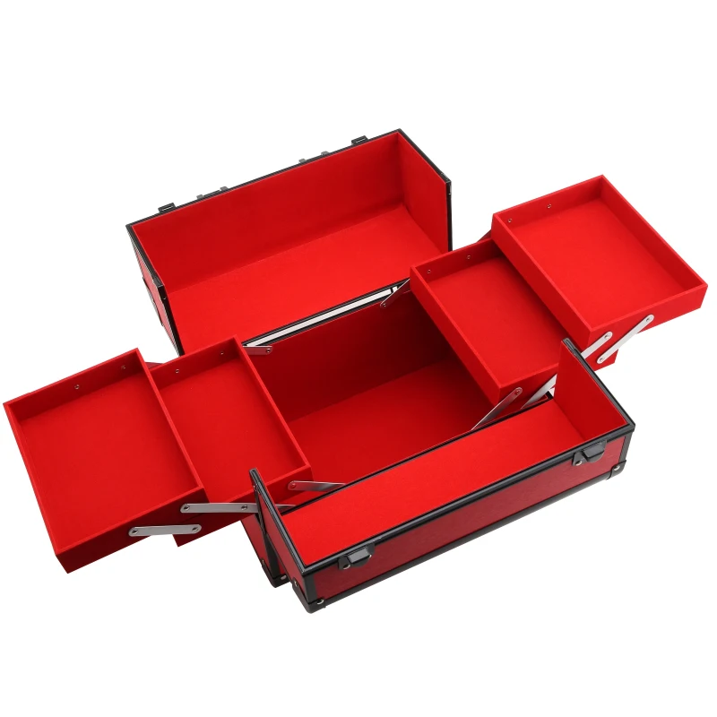 Maletín De Maquillaje Portátil para Cosméticos y Bisutería con Organizador de Tocador Con Bandeja Desplegable Asa y Cerradura Aleación de Aluminio 32x21x26 cm Rojo y Negro