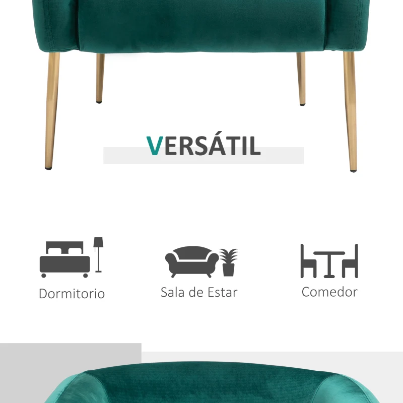 HOMCOM Sillón Moderno de Terciopelo Silla Butaca de Comedor Asiento Acolchado con Patas de Metal para Salón Dormitorio Sala de Estar 75x74x76 cm Verde