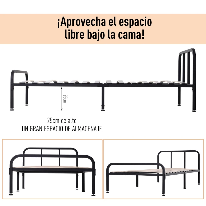 HOMCOM Somier de Láminas Individual Estructura Metálica Estable 6 Patas Carga 150kg 190x90cm Altura de Pata 25cm
