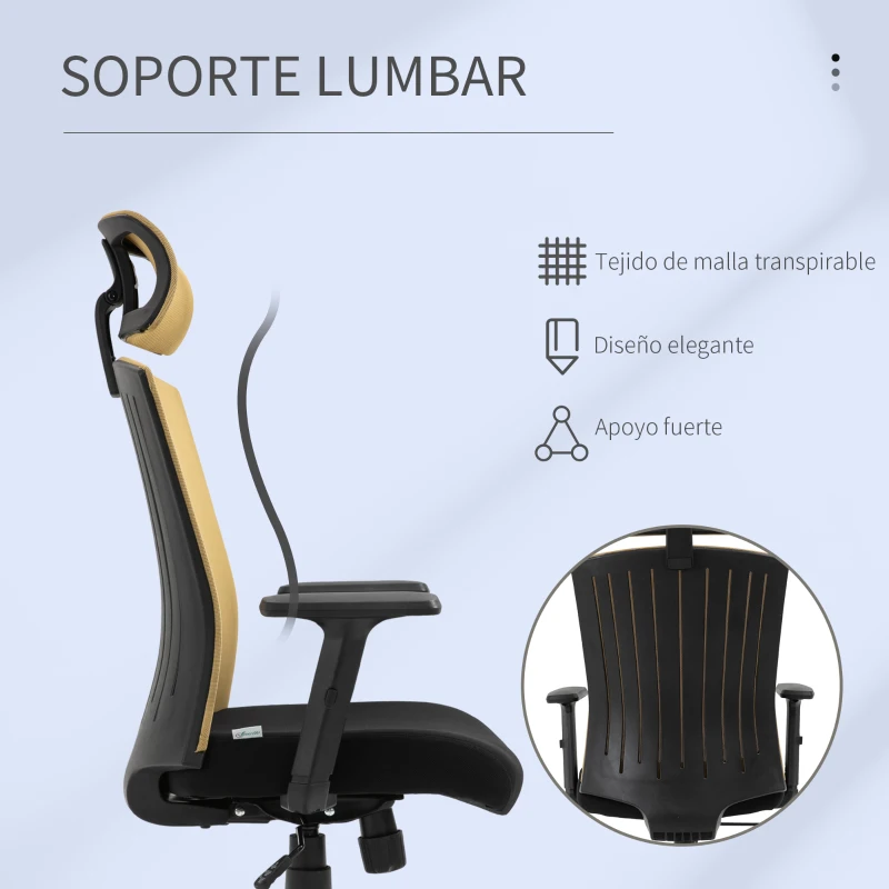 Vinsetto Silla de Oficina Ergonómica Silla de Escritorio Giratoria con Reposacabezas y Reposabrazos Ajustables Soporte Lumbar Respaldo Transpirable 65x63x119-129 cm Dorado y Negro