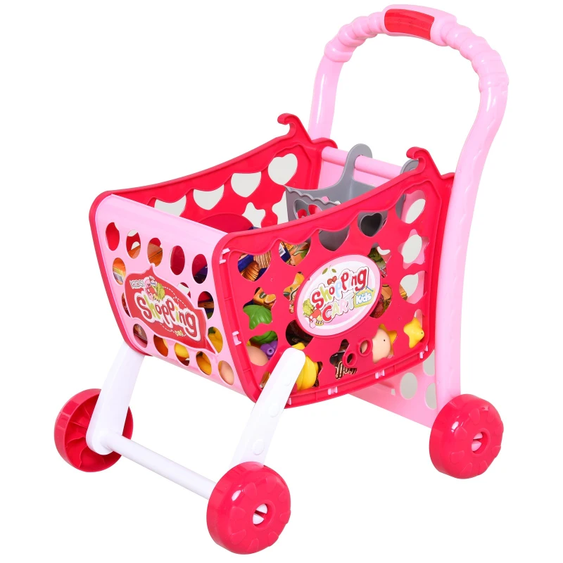 HOMCOM Set de Carrito de Compras para Niños Mayores de 3 Años Juguete Infantil 38 Piezas Funciones de Música y Luz 41,5x33,5x48,5 cm Rosa