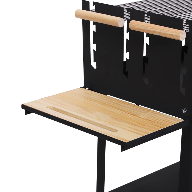 Outsunny Barbacoa de Carbón BBQ Vegetal Altura de Parrillas Ajustables Parrillas Asador de Jardín Exterior con Ruedas Facil Mover Estantes de Madera para Picnic Acampada 138x52.5x101cm