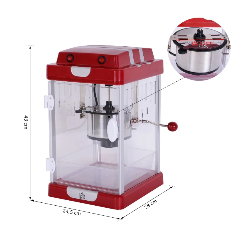 HOMCOM Palomitas Máquina Portátil Palomitero de Maíz con Olla Interior de Acero Inoxidable 310w 24.5x28x43cm