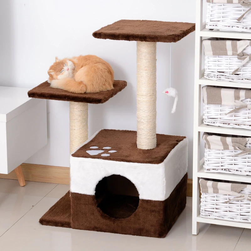 PawHut Árbol Rascador para Gatos Altura 70 cm con Cueva de Felpa Suave 2 Plataformas Postes Rascadores de Sisal Natural y Ratón de Juguete 45x33x70 cm Marrón Café